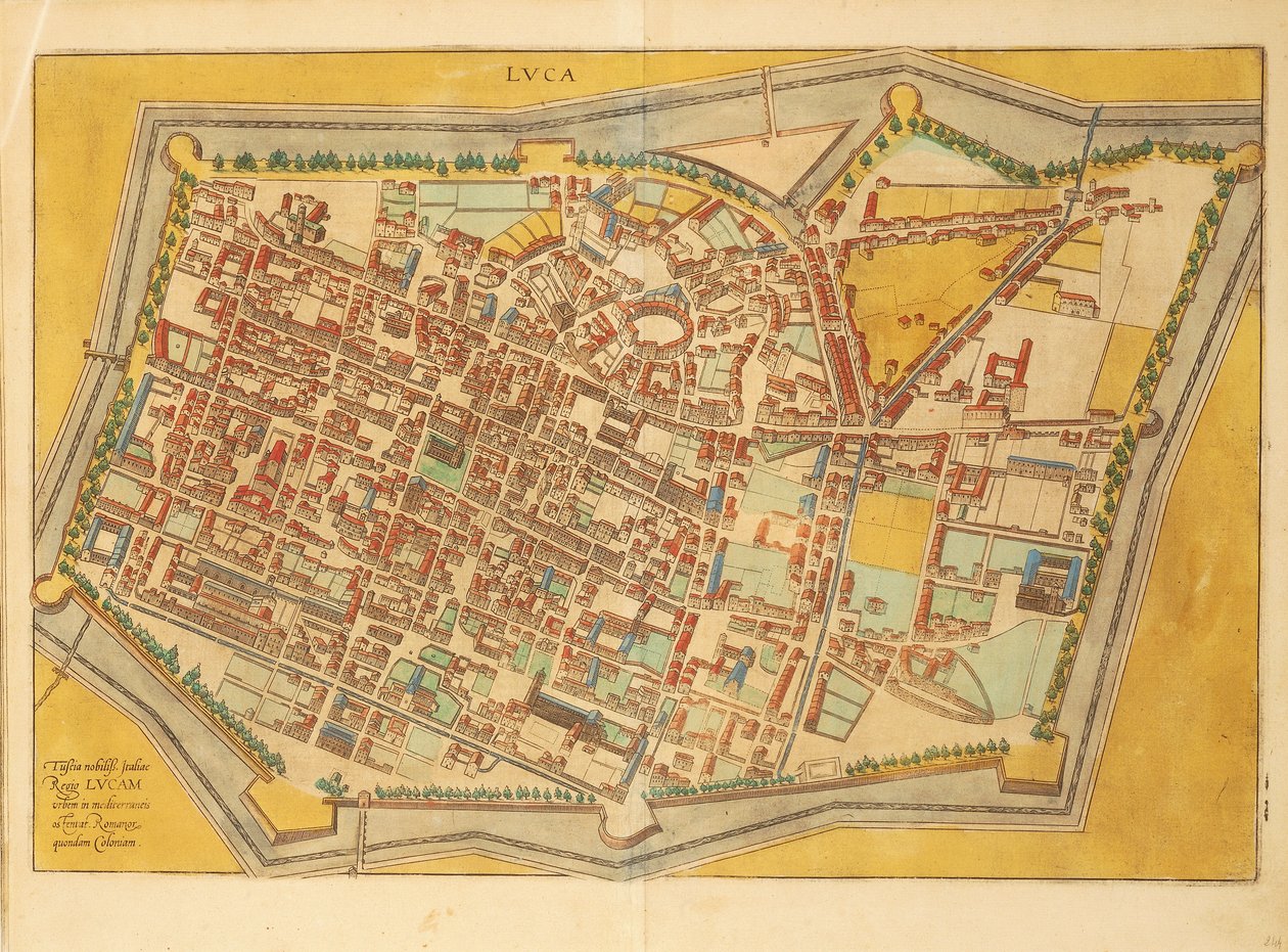 Kart over Lucca fra Cities of the World av Georg Braun av Georg Braun and Hogenberg Franz