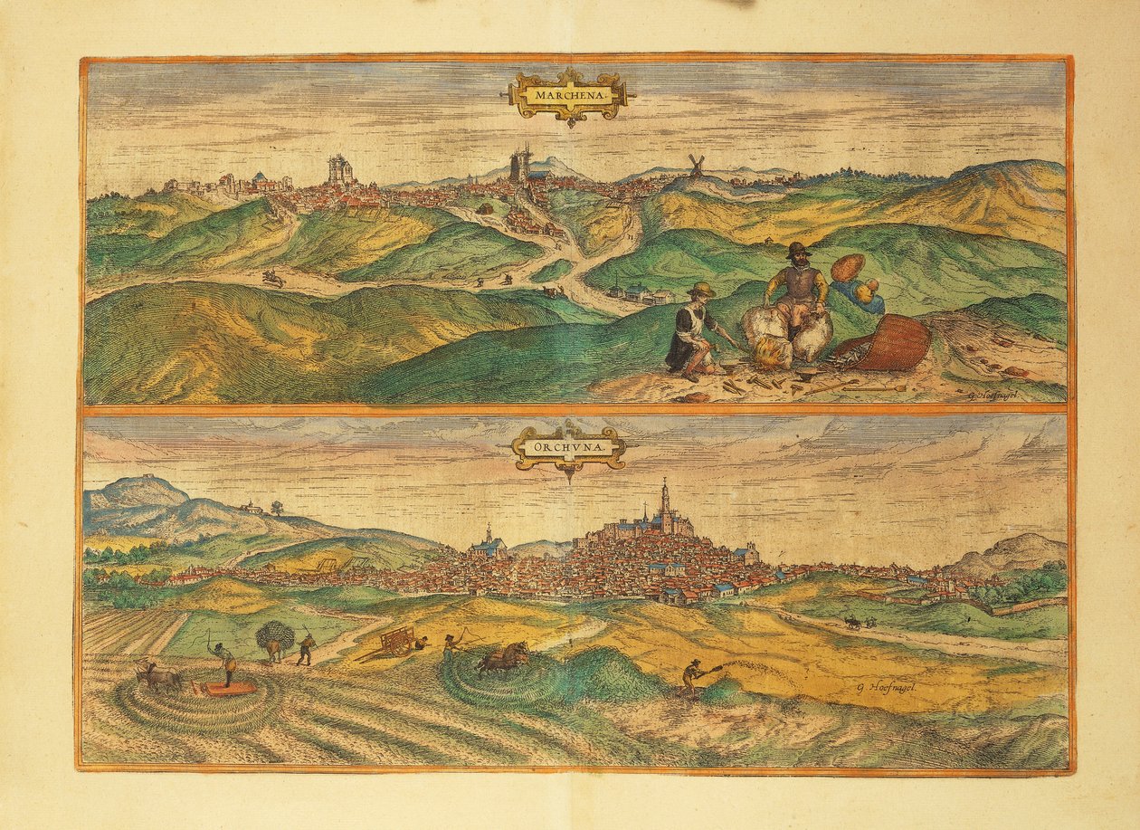 Kart over Marchena og Osuna fra Cities of the World av Georg Braun av Georg Braun and Hogenberg Franz