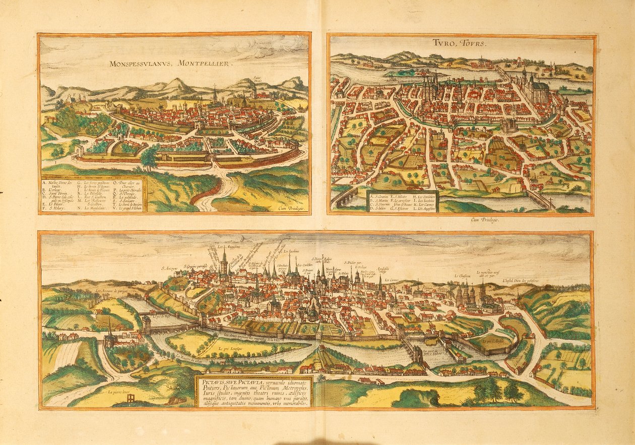 Kart over Montpellier, Tours og Poitiers fra Civitates Orbis Terrarum av Georg Braun av Georg Braun and Hogenberg Franz
