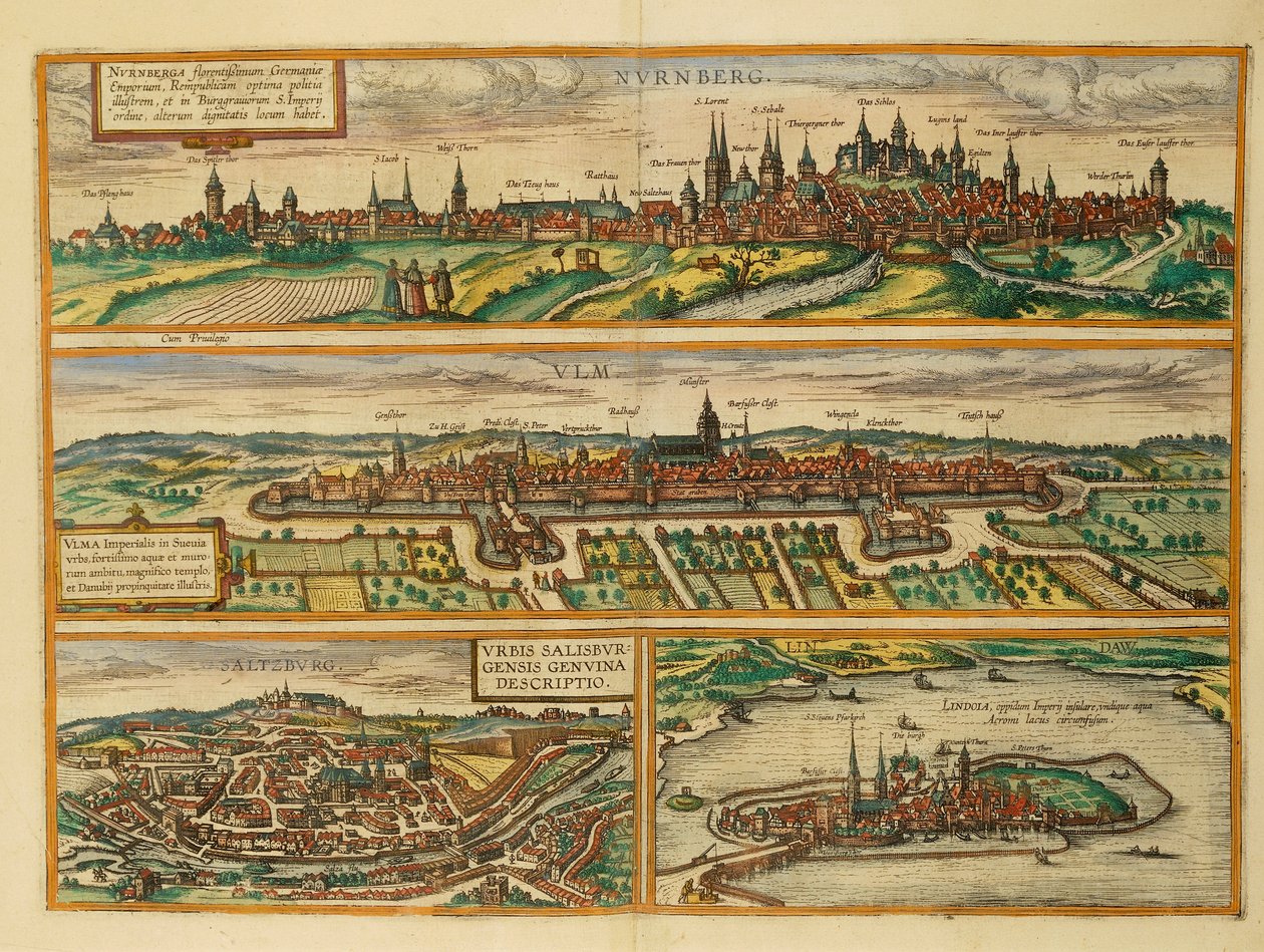 Kart over Nürnberg, Ulm, Salzburg og Lindau fra Civitates Orbis Terrarum av Georg Braun av Georg Braun and Hogenberg Franz