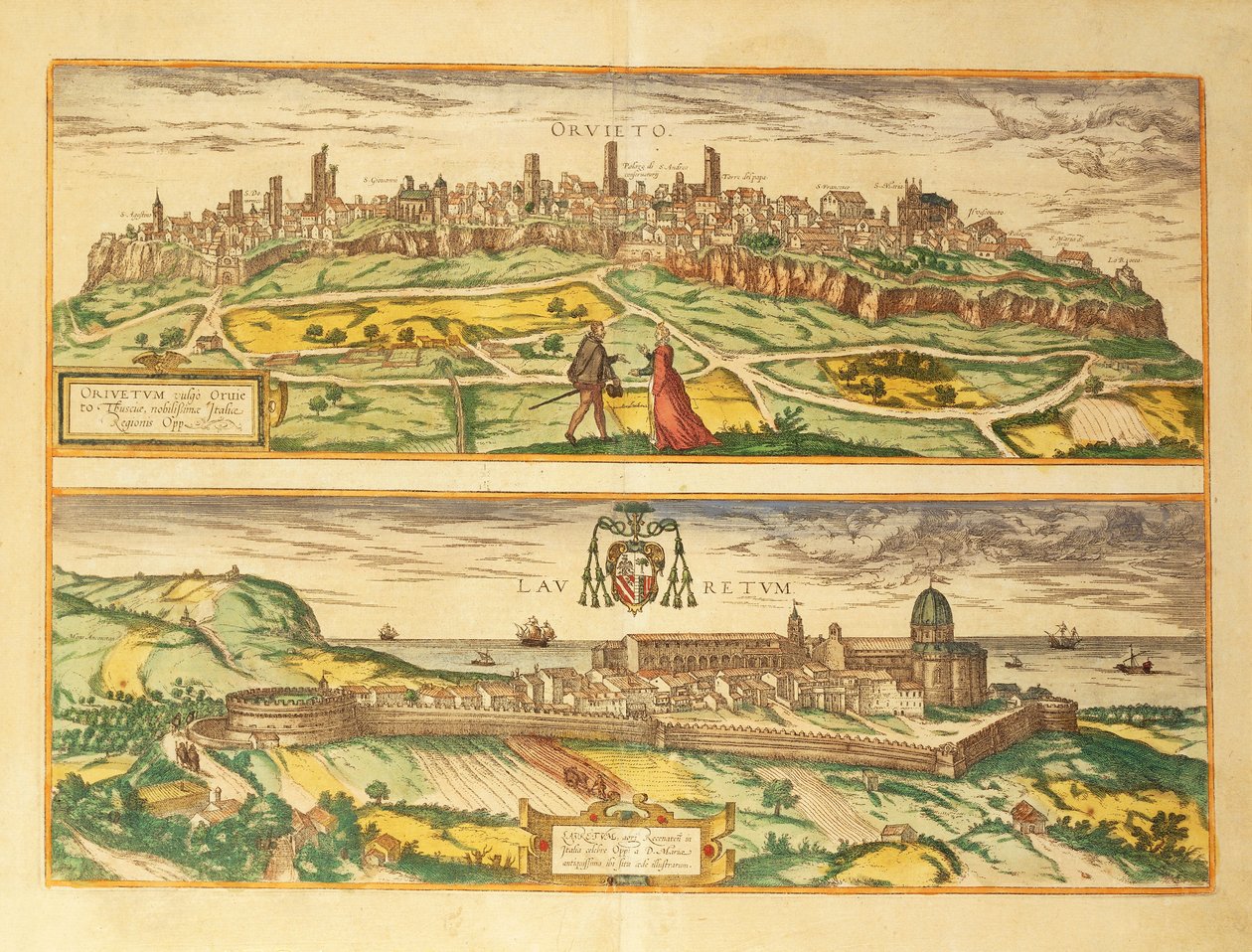 Kart over Orvieto og Loreto, Umbria og Marche-regionen fra verdenskart av Georg Braun av Georg Braun and Hogenberg Franz