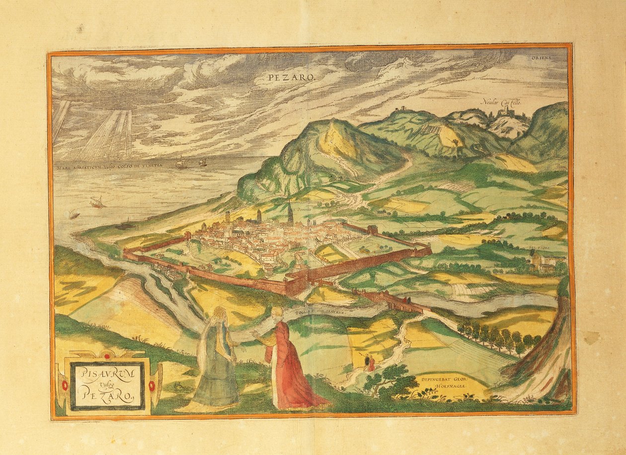 Kart over Pesaro fra Cities of the World av Georg Braun av Georg Braun and Hogenberg Franz