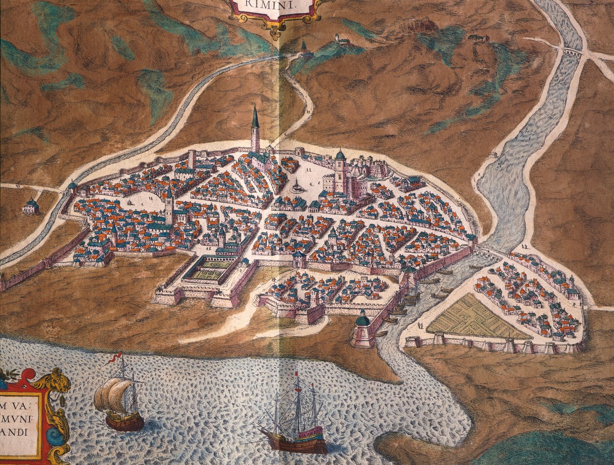 Kart over Rimini, av Georg Braun og Franz Hogenberg, farget gravering fra Civitates Orbis Terrarum, Italia av Georg Braun and Hogenberg Franz