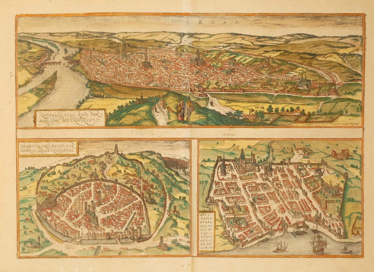 Kart over Rouen, Nimes og Bordeaux fra World Cities av Georg Braun av Georg Braun and Hogenberg Franz