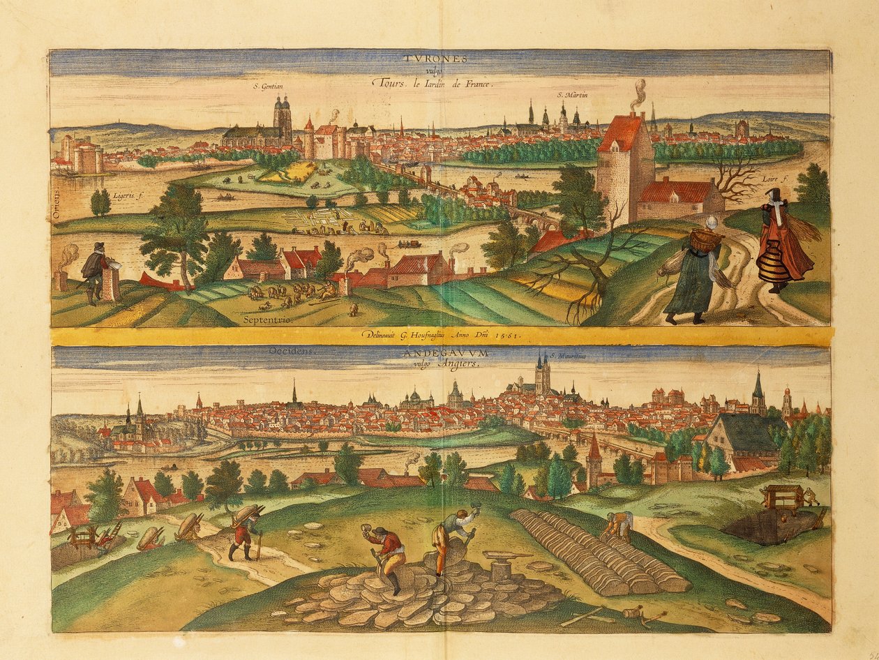 Kart over Tours and Angers fra verdensbyer av Georg Braun av Georg Braun and Hogenberg Franz