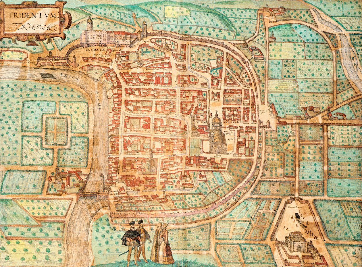 Kart over Tridentum, i dag Trent, av Georg Braun og Franz Hogenberg, farget gravering fra Civitates Orbis Terrarum, Italia av Georg Braun and Hogenberg Franz