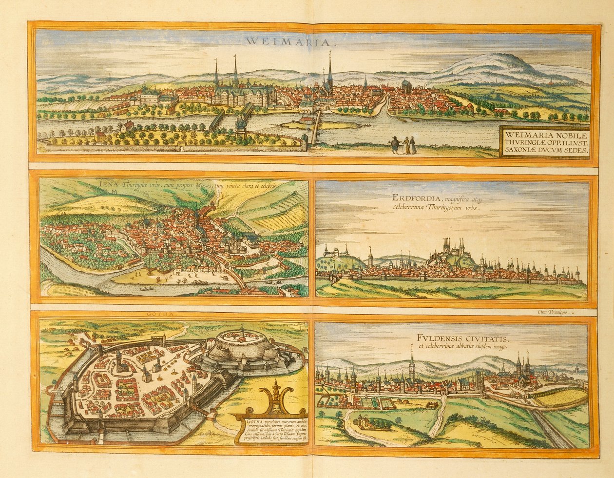 Kart over Weimar, Jena, Erfurt, Gotha og Fulda fra Cities of the World av Georg Braun av Georg Braun and Hogenberg Franz