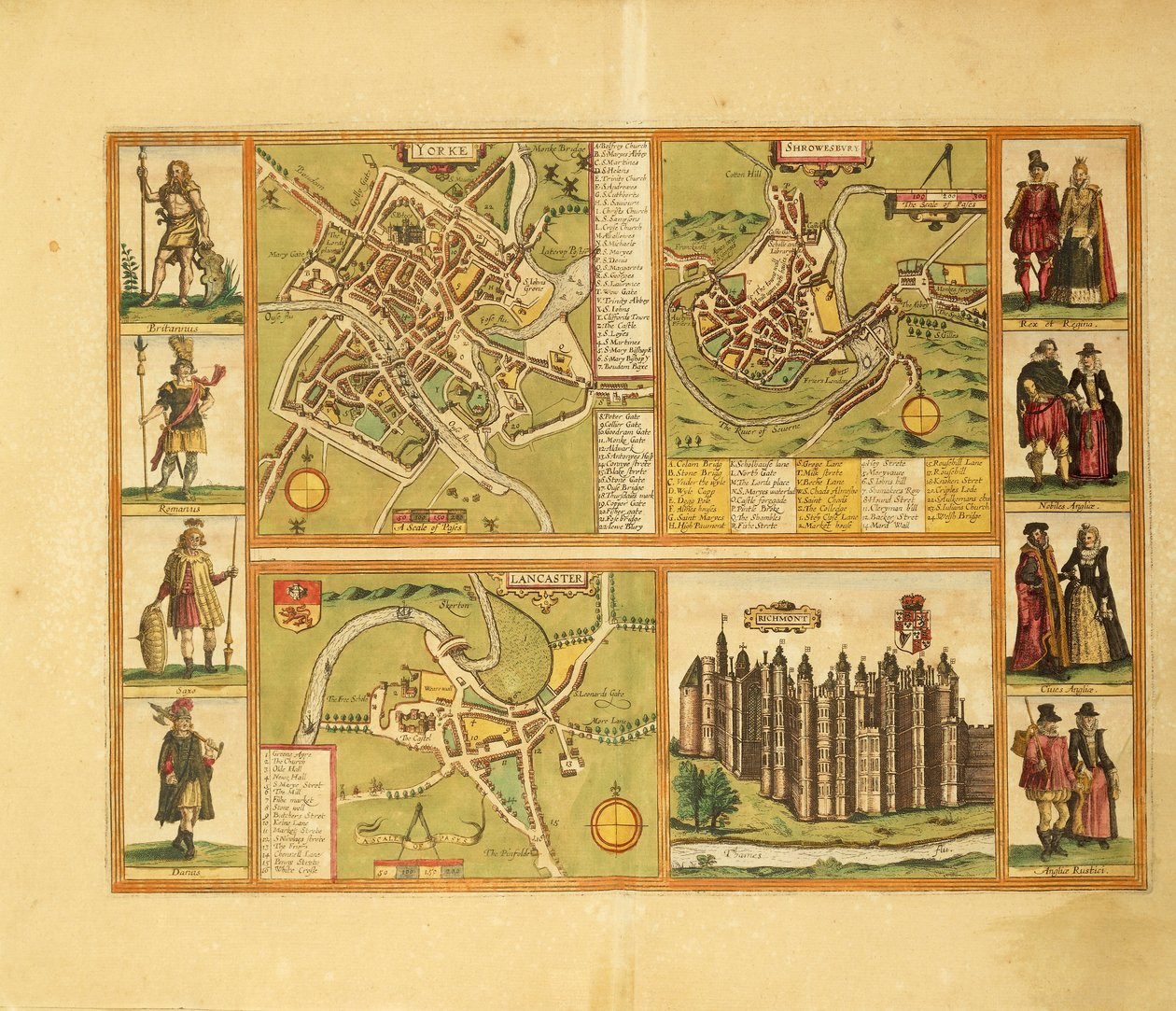 Kart over York, Shrewbury, Lancaster og Richmond Castle fra Civitates Orbis Terrarum av George Braun av Georg Braun and Hogenberg Franz