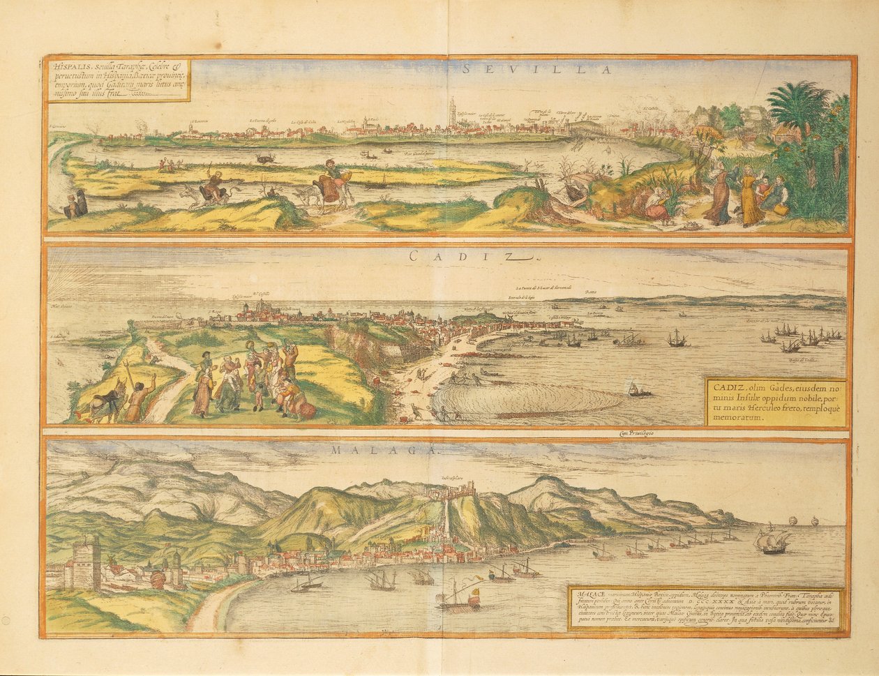 Kart over Sevilla, Cadiz og Malaga, Spania fra Civitates Orbis Terrarum av Georg Braun av Georg Braun and Hogenberg Franz