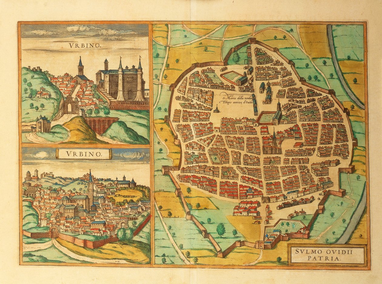 Kart over Urbino og Sulmona, Italia, fra Civitates Orbis Terrarum av Georg Braun av Georg Braun and Hogenberg Franz