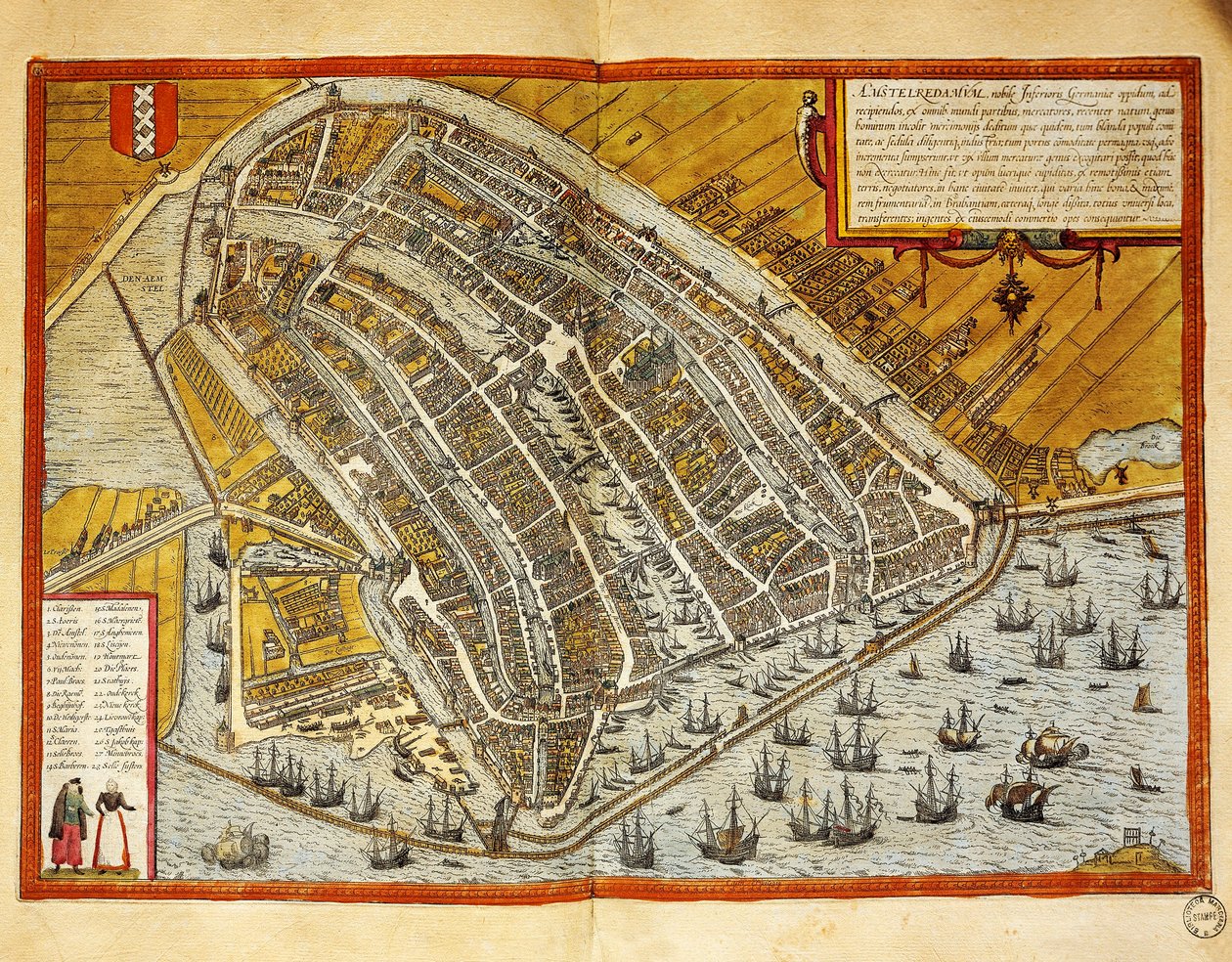 Nederland, kart over Amsterdam fra Civitates Orbis Terrarum av Georg Braun (1541-1622) og Franz Hogenberg (1535-1590), gravering av Georg Braun and Hogenberg Franz