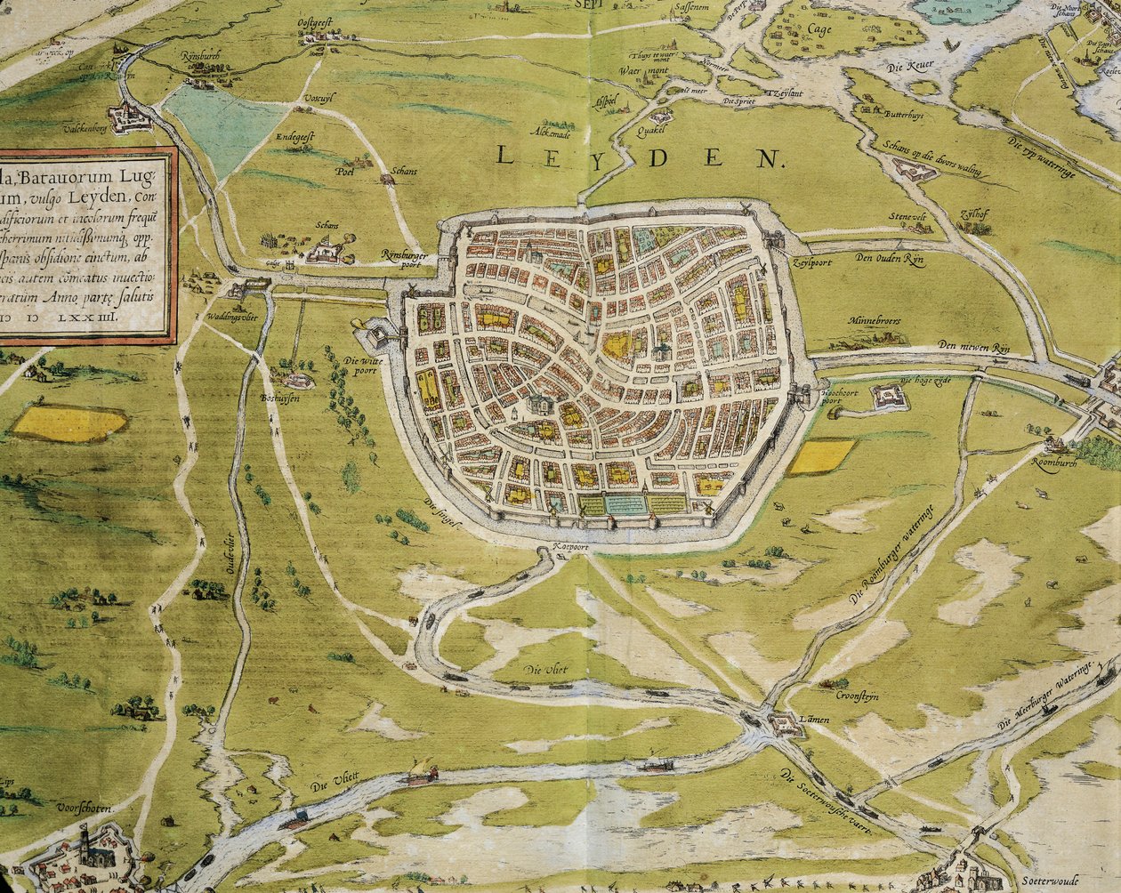 Nederland, kart over Leiden by og region fra Civitates Orbis Terrarum av Georg Braun (1541-1622) og Franz Hogenberg (1540-1590), Köln, gravering av Georg Braun and Hogenberg Franz