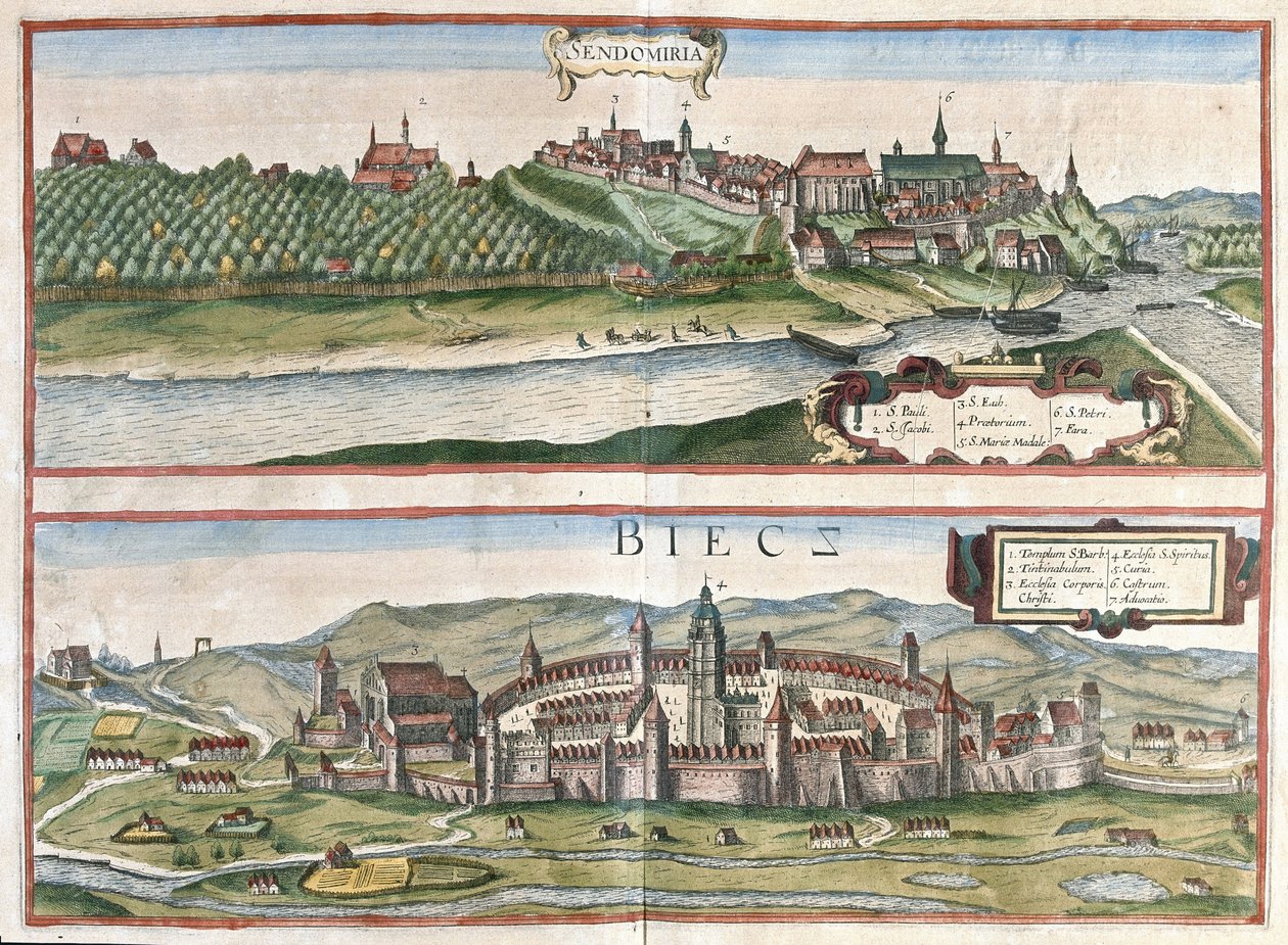 Sandomierz og Biecz, Polen (gravering av Georg Braun and Hogenberg Franz