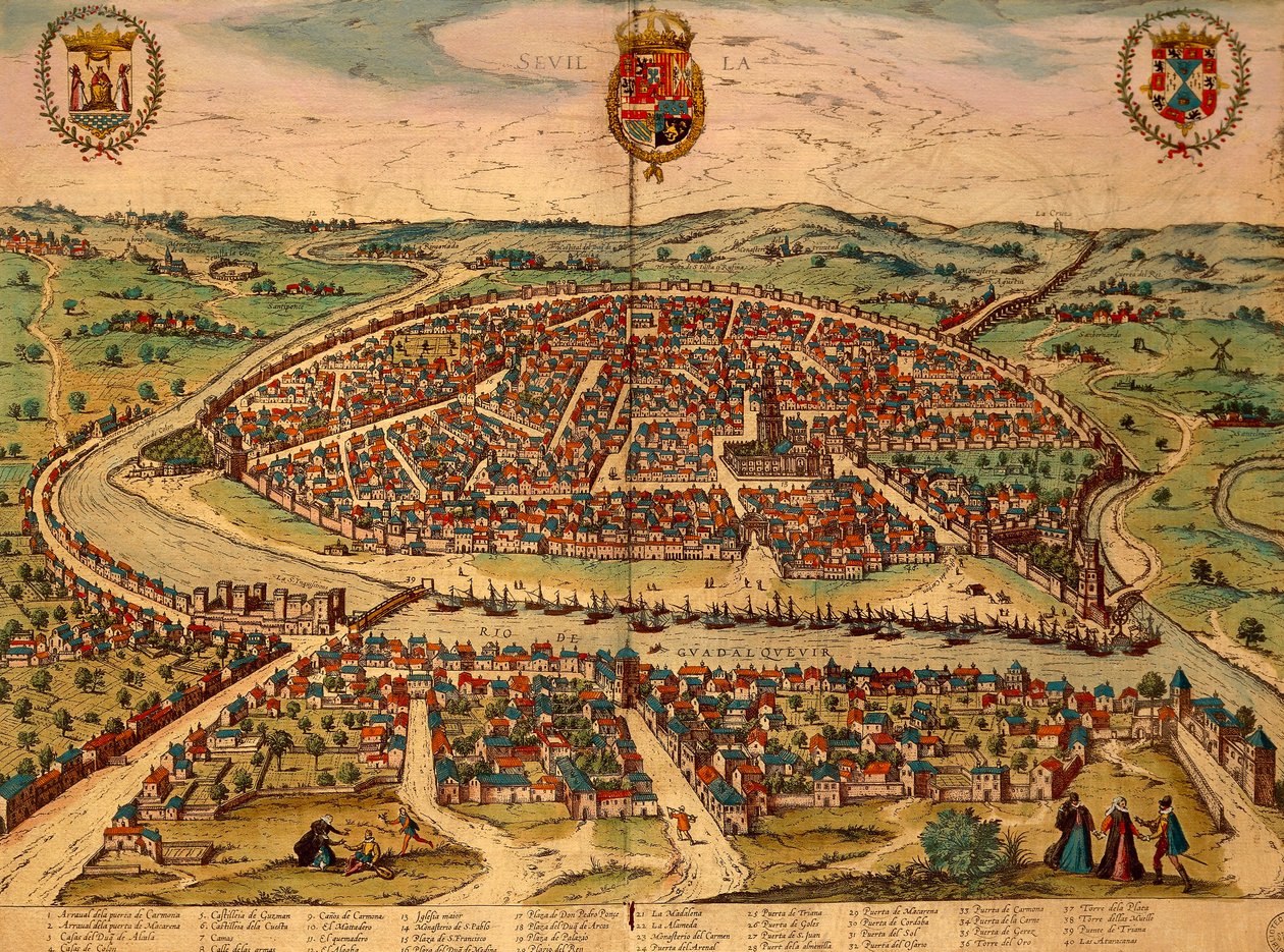 Spania, Sevilla, Utsikt over byen, fargegravering fra Civitates Orbis Terrarum av Georg Braun (1541-1622) og Franz Hogenberg (1535-1590) av Georg Braun and Hogenberg Franz