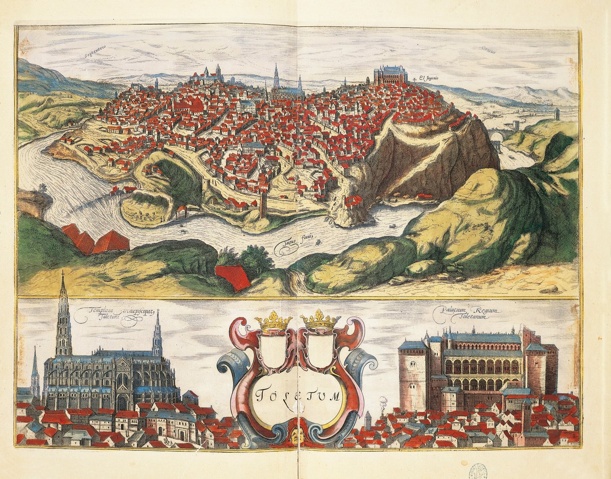 Spania, Toledo, byen Toledo fra Civitates Orbis Terrarum av Georg Braun og Franz Hogenberg, gravering av Georg Braun and Hogenberg Franz