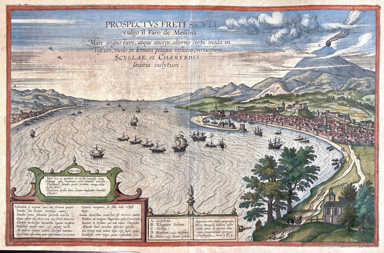 Detroit of Messina, mellom Sicilia og Calabria (Italia) (gravering av Georg Braun and Hogenberg Franz