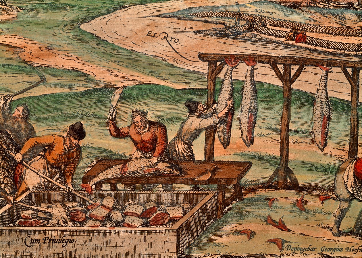 Tunfiskbehandling av Franz Hogenberg (cirka 1540-cirka 1590), scene fra Verdens stater av Georg Braun (1541-1622) og Franz Hogenberg (cirka 1540-cirka 1590) av Georg Braun and Hogenberg Franz