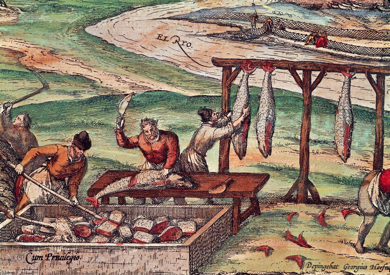 Tunfiskbehandling, miniatyr fra verdensbyene, av Georg Braun og Franz Hogenberg av Georg Braun and Hogenberg Franz