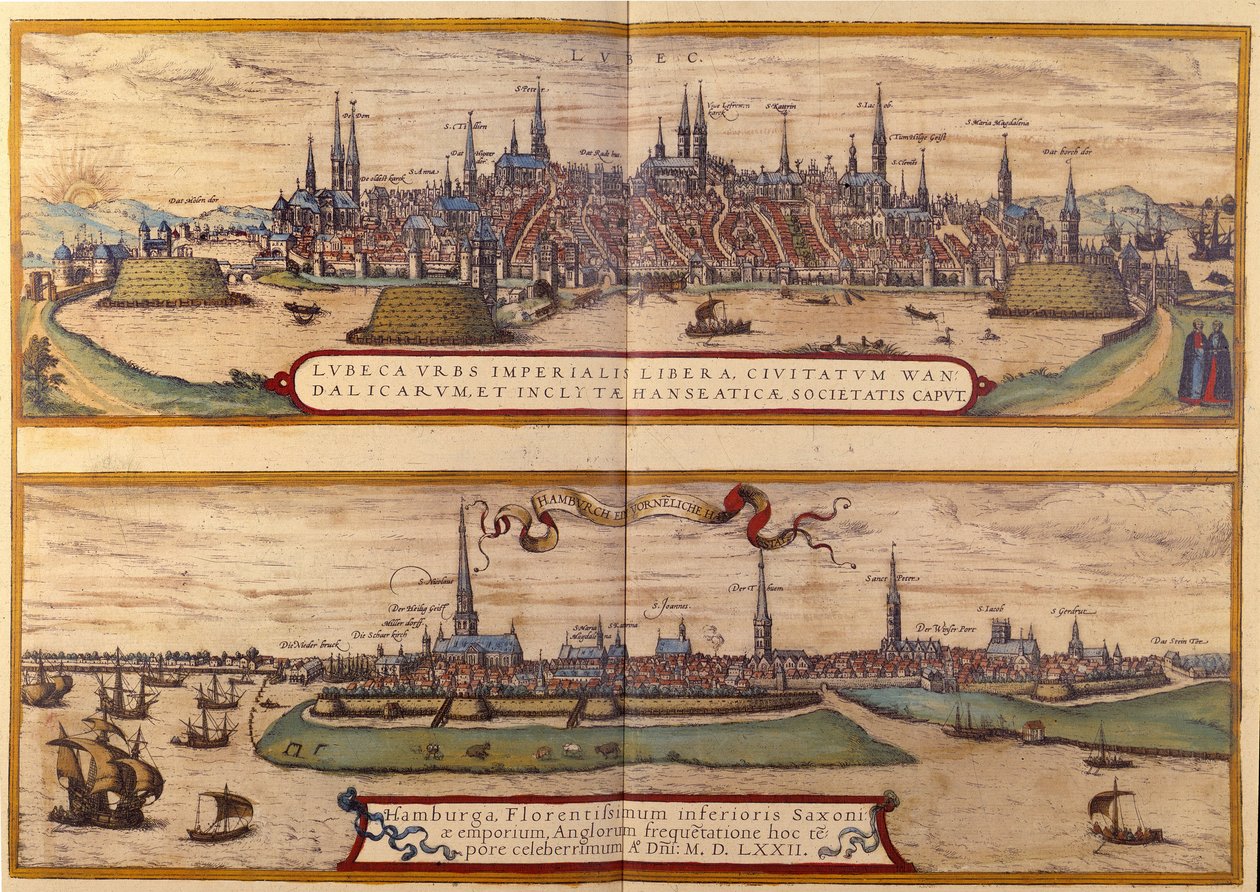 På toppvisningen av byen Lubeck, under byen Hamburg i Tyskland. Gravering fra atlaset til "Braun og Hogenberg" 1572 av Georg Braun and Hogenberg Franz