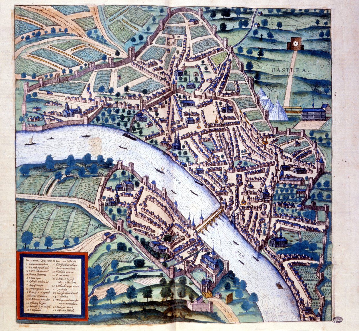 Basel (Sveits), fugleperspektiv - i ""Atlas"" av Braun & Hogenberg av Georg Braun and Hogenberg Franz