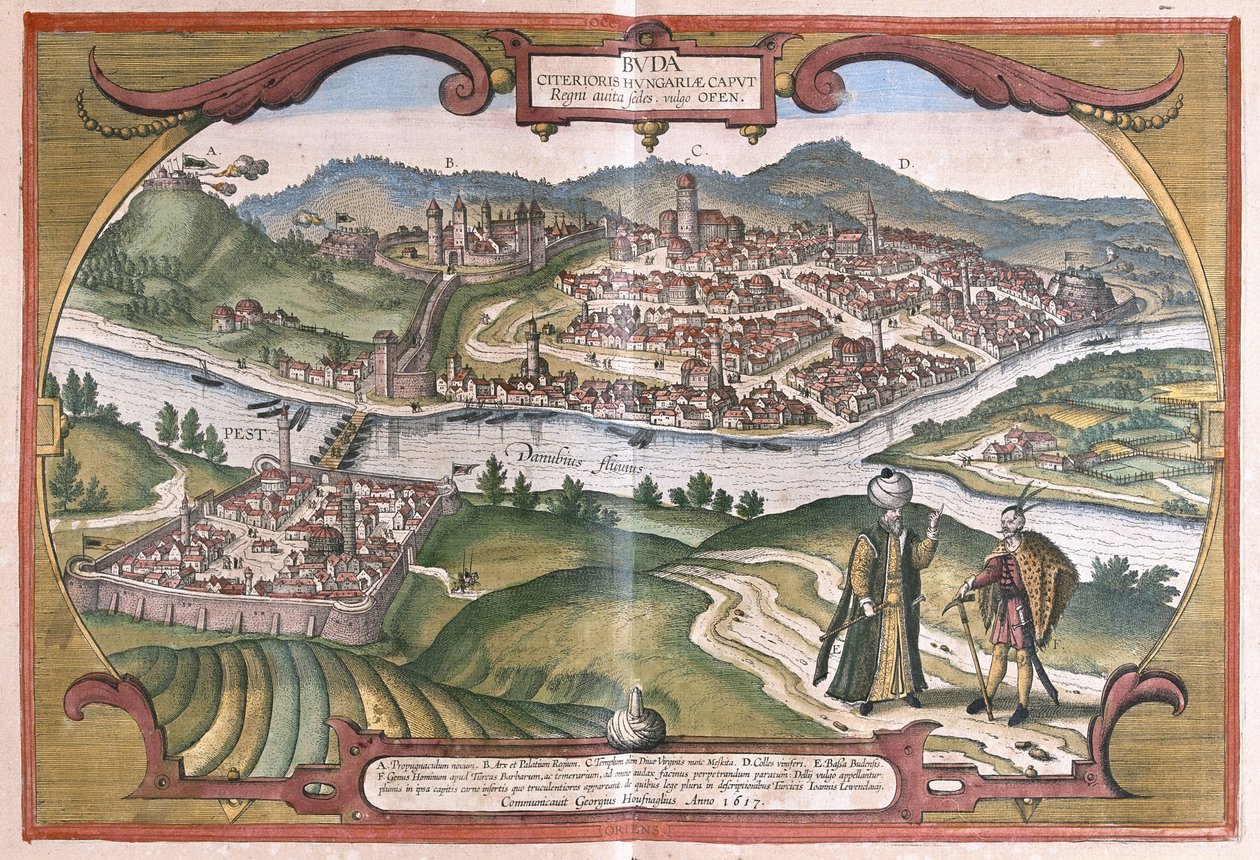 Budapest, Ungarn (gravering av Georg Braun and Hogenberg Franz