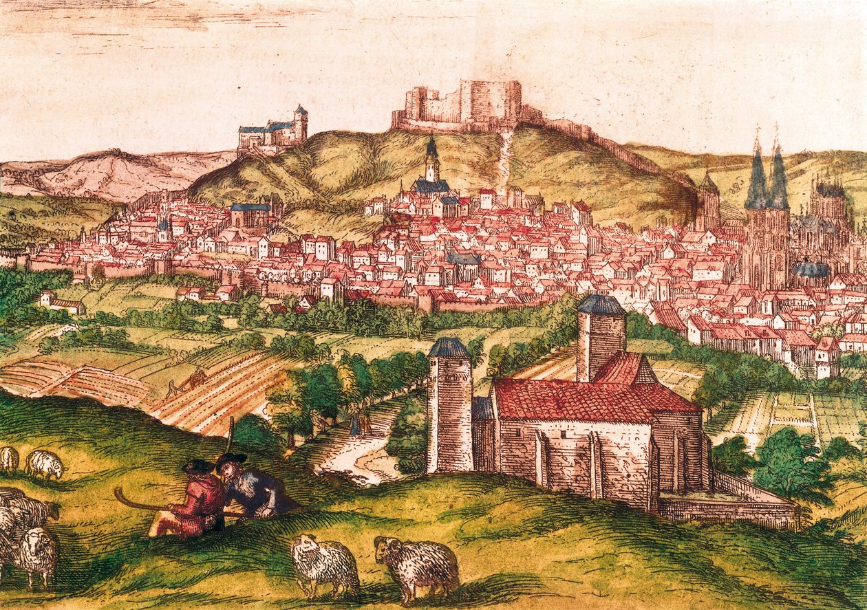 Byen Burgos i Spania med gjetere og saueflokk i forgrunnen (1576). Gravering i Civitatis Orbis Terrarum, av Georg Braun and Hogenberg Franz