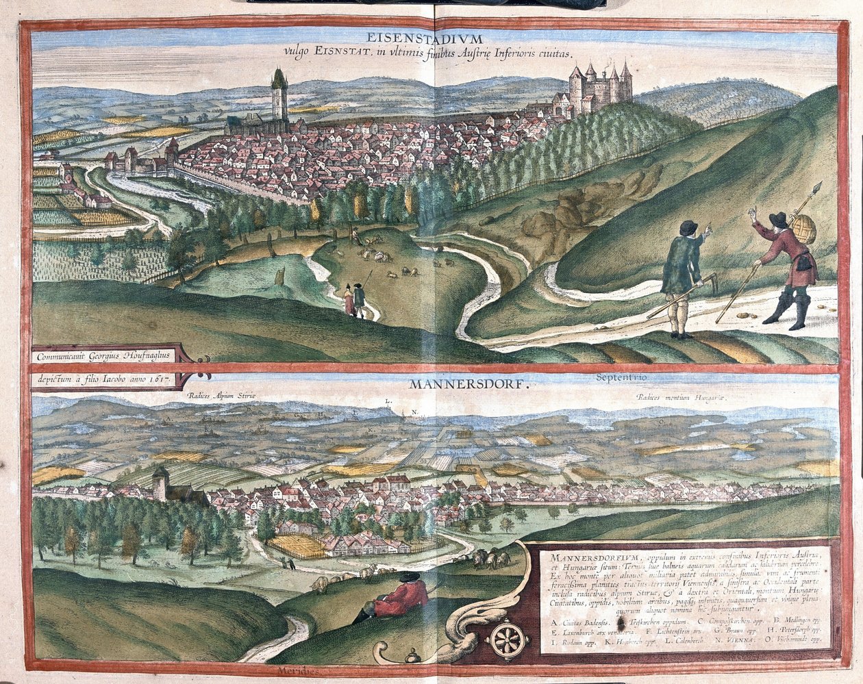 Eisenstadt og Mannersdorf am Leithagebirge, Østerrike (gravering av Georg Braun and Hogenberg Franz