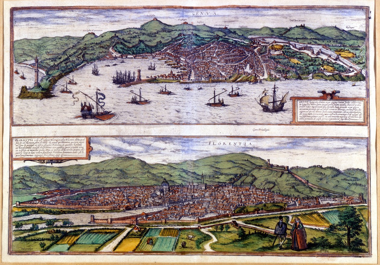 Gener (øverst) og Firenze (nederst) Fugleutsikt over Atlas of Braun & Hogenberg. 1550. av Georg Braun and Hogenberg Franz