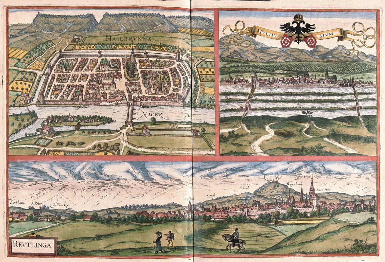 Heilbronn (Tyskland), Mulhouse (Frankrike) og Reutlingen (Tyskland) (gravering av Georg Braun and Hogenberg Franz