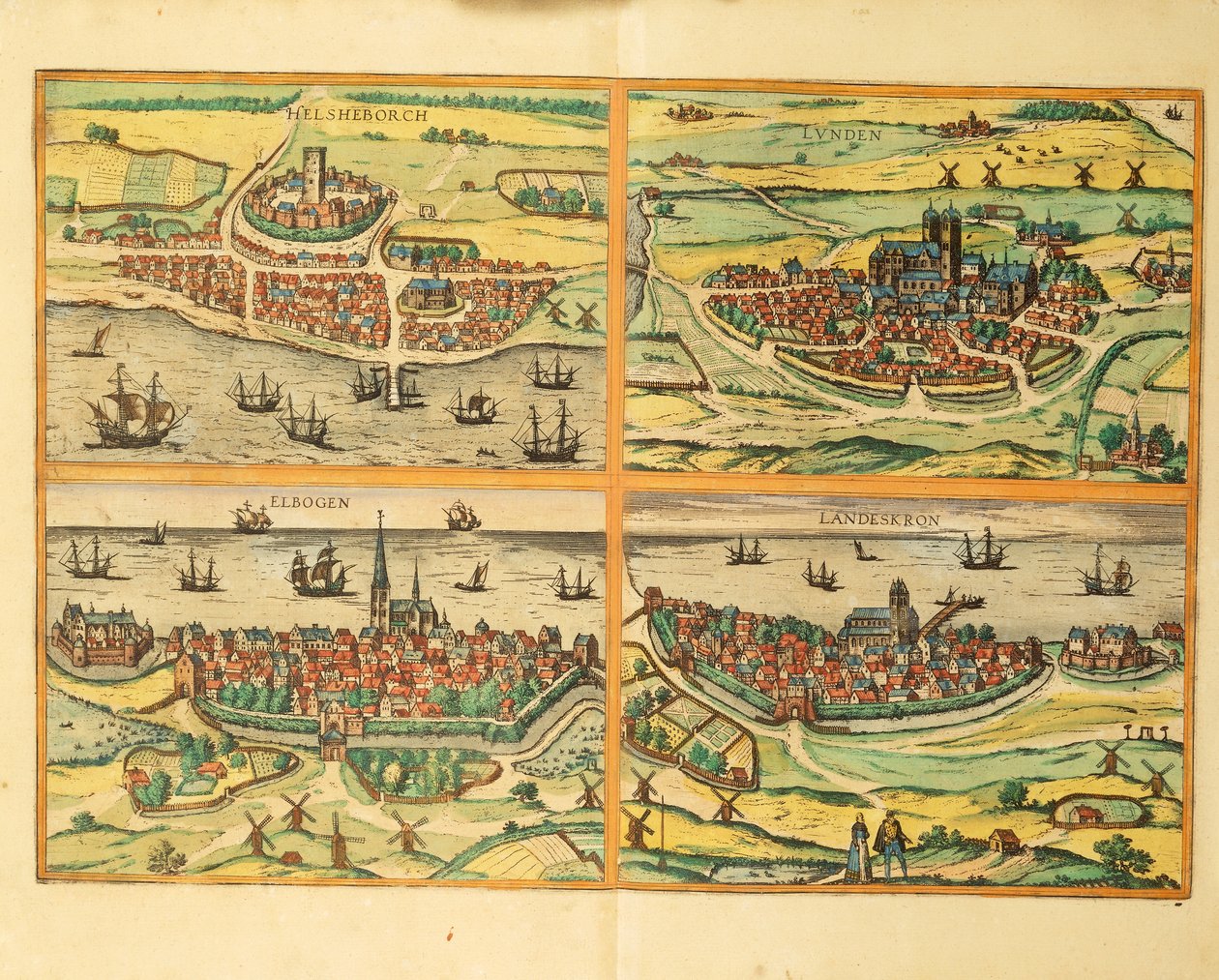 Helsingborg, Lund, Malmø, Elbogen og Landskrona, fra Verdensbyene, Köln av Georg Braun and Hogenberg Franz