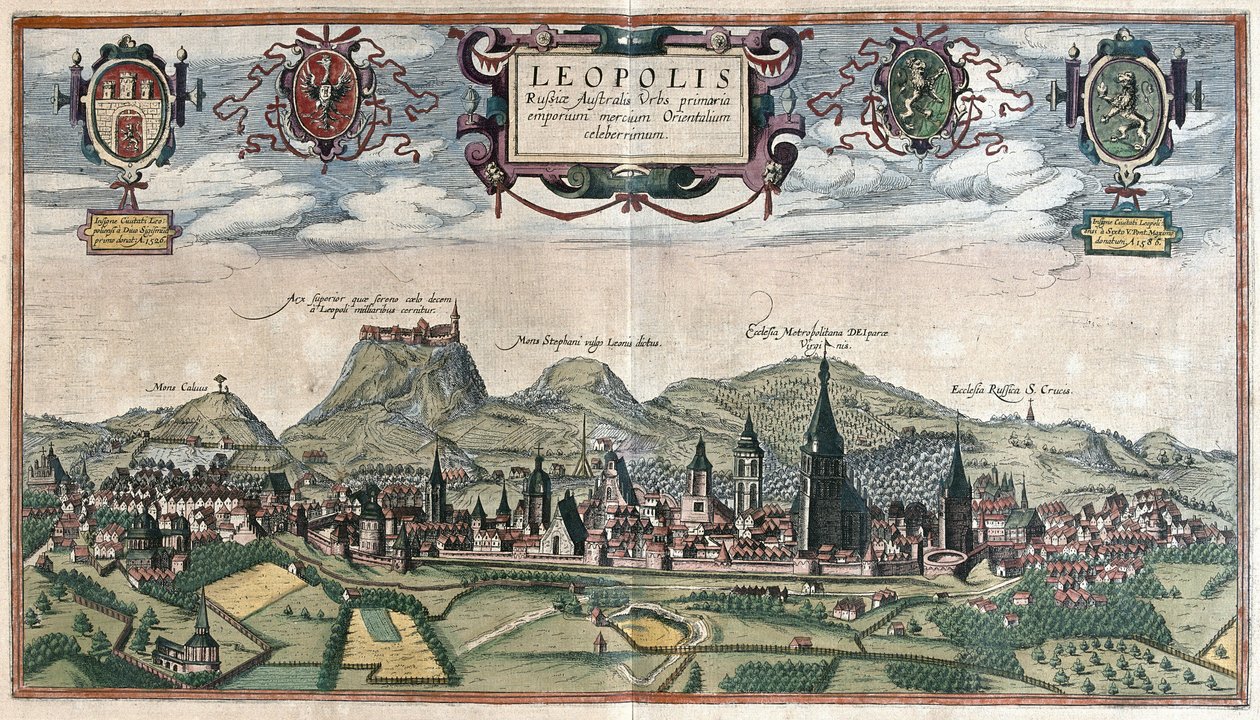 Lviv (Lvov), Ukraina (gravering av Georg Braun and Hogenberg Franz
