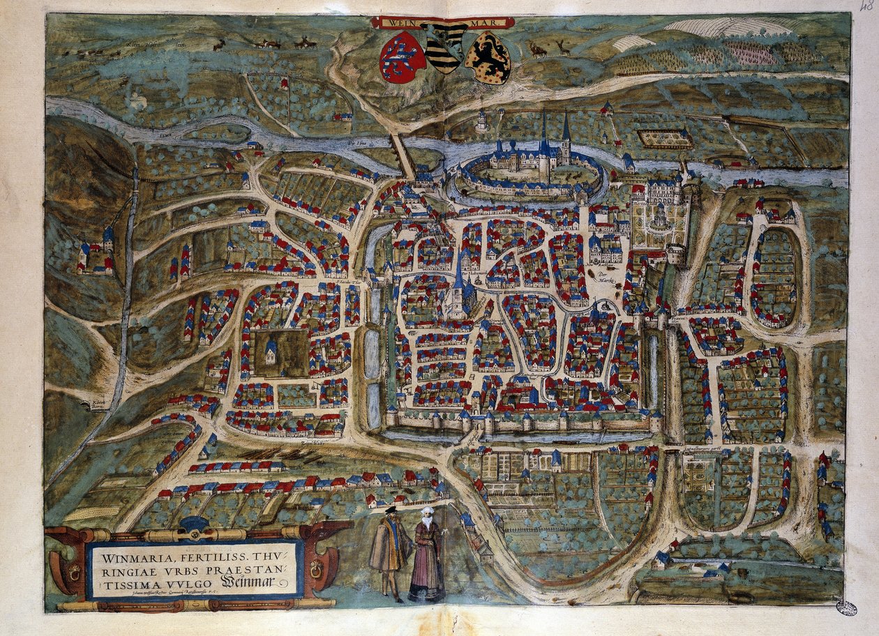 Kart over den tyske byen Weimar. Gravering fra atlaset til "Braun og Hogenberg" 1572 av Georg Braun and Hogenberg Franz
