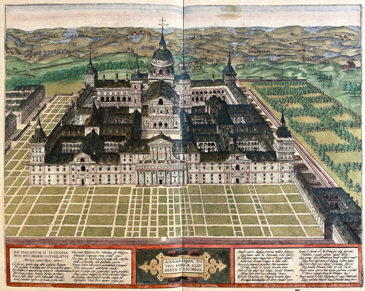 Kloster (Palace of King Philip II), Spania (gravering av Georg Braun and Hogenberg Franz