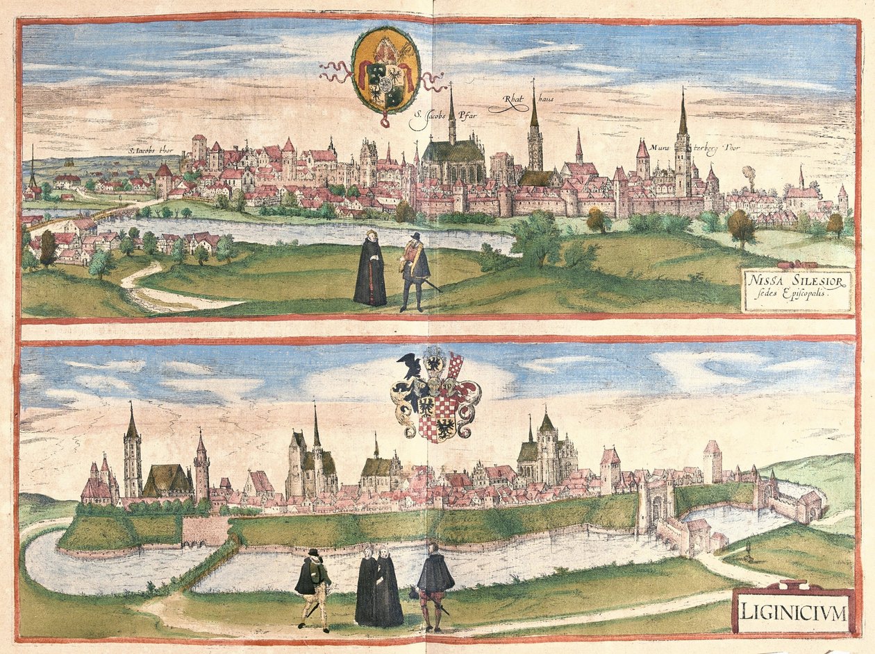 Nysa og Legnica (Legnica), Polen (gravering av Georg Braun and Hogenberg Franz