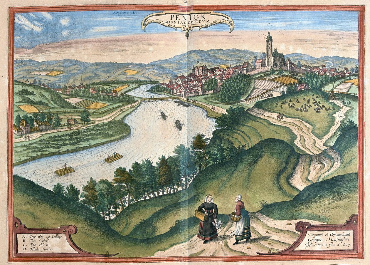 Penig, Sachsen, Tyskland (gravering av Georg Braun and Hogenberg Franz