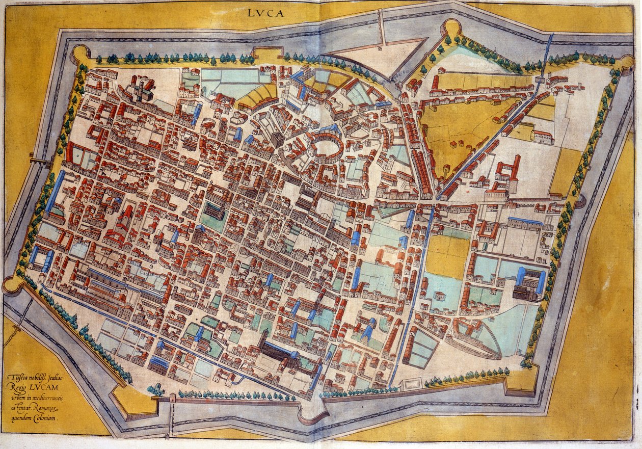 Plan de Lucques en 1585. Atlas de Braun & Hogenberg. av Georg Braun and Hogenberg Franz