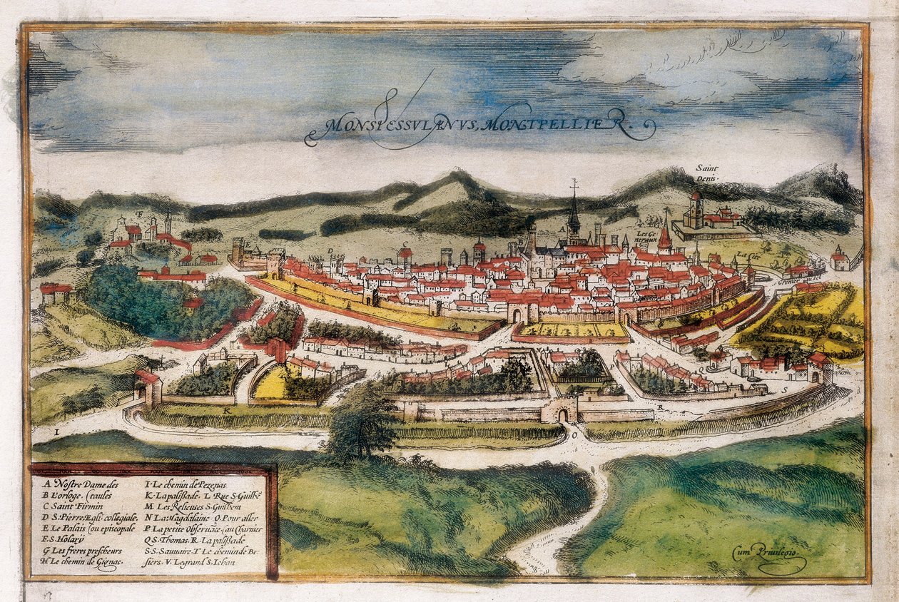 Plan for byen Montpellier av Georg Braun and Hogenberg Franz