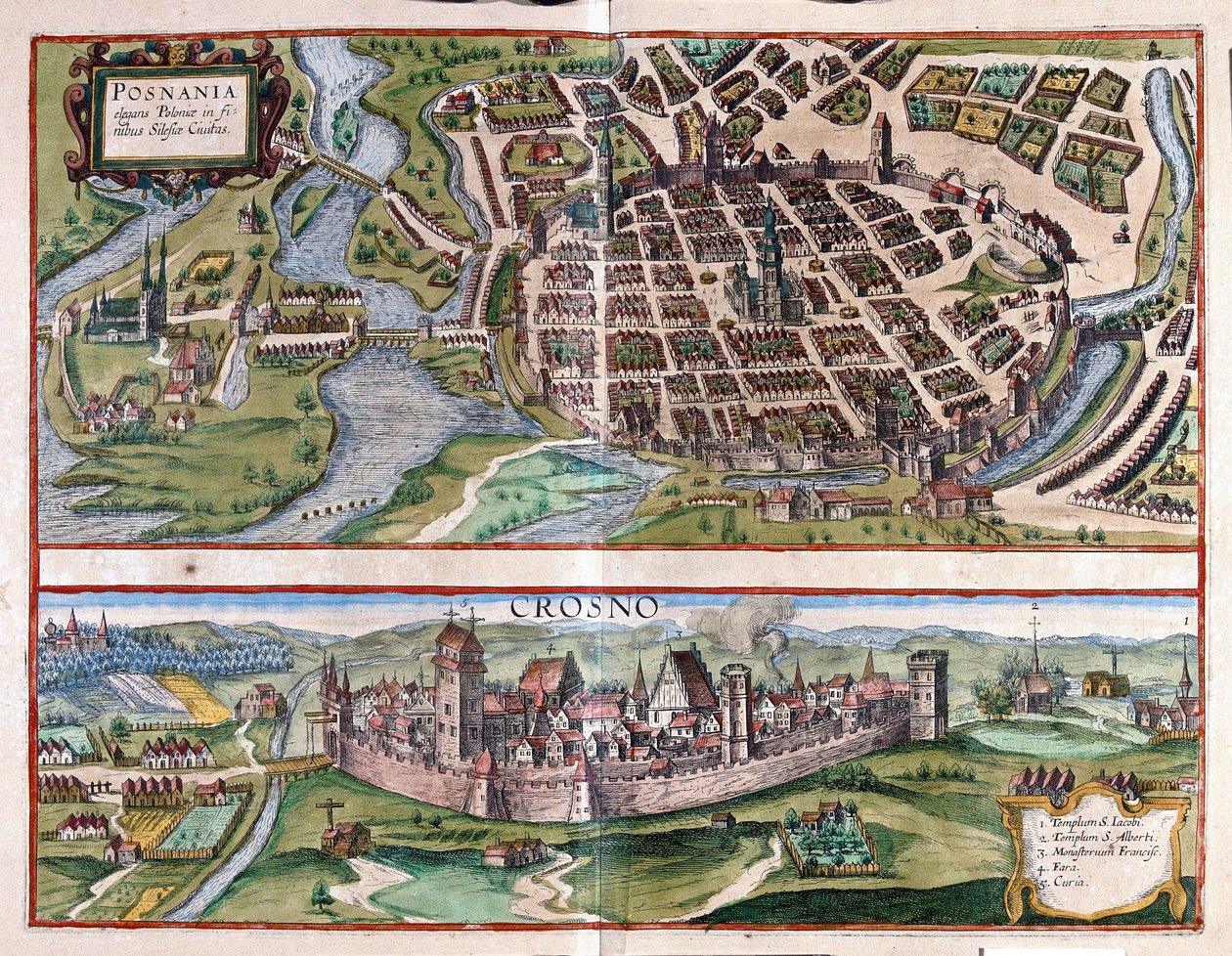 Poznan og Krosno, Polen (gravering av Georg Braun and Hogenberg Franz