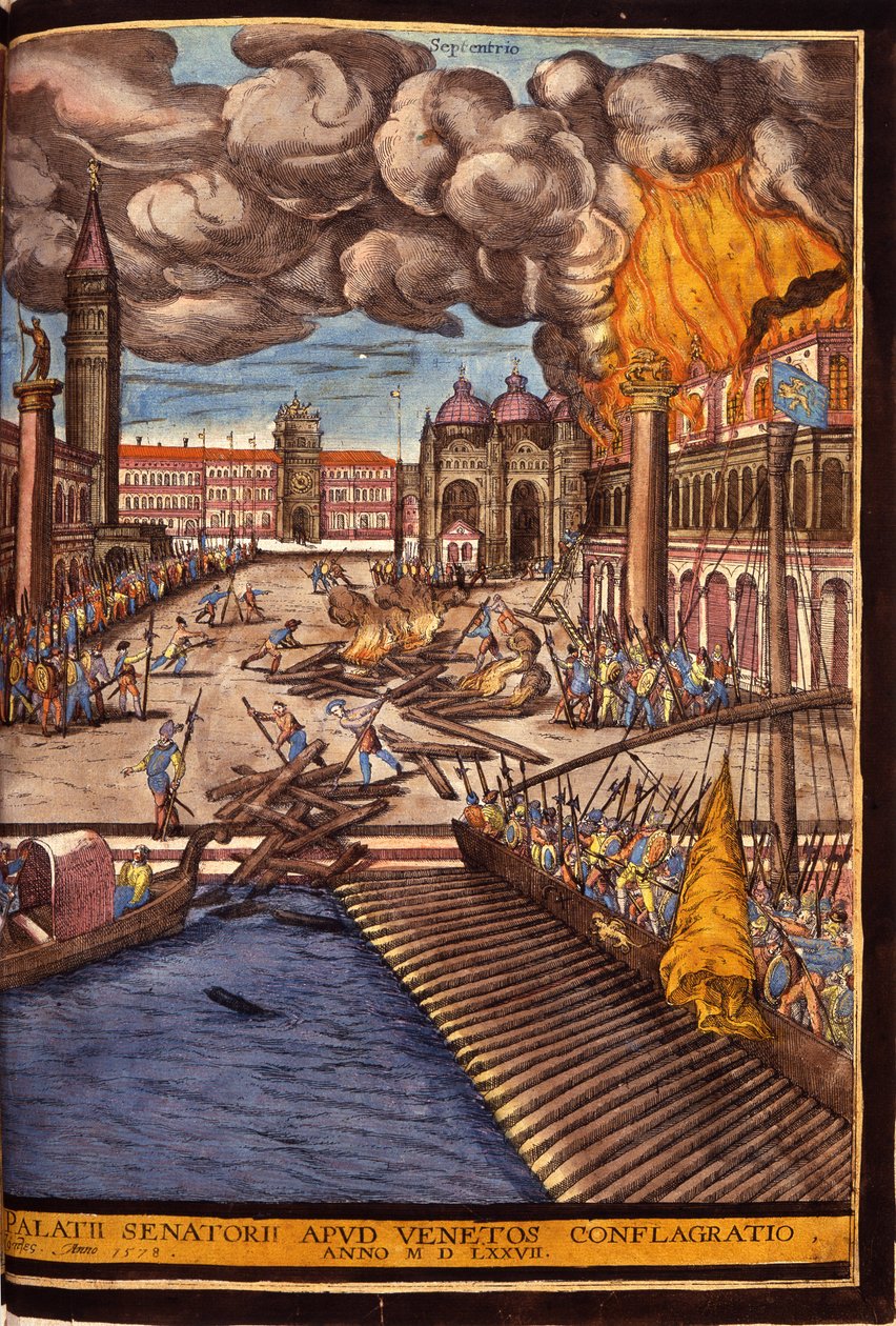 Den store brannen i hertugpalasset på Markusplassen i Venezia i 1577. Gravering av George Braun I "" Civitatis Orbis Terrarum"" bind I skrevet av Franz Hogenberg (1535-1590) av Georg Braun and Hogenberg Franz