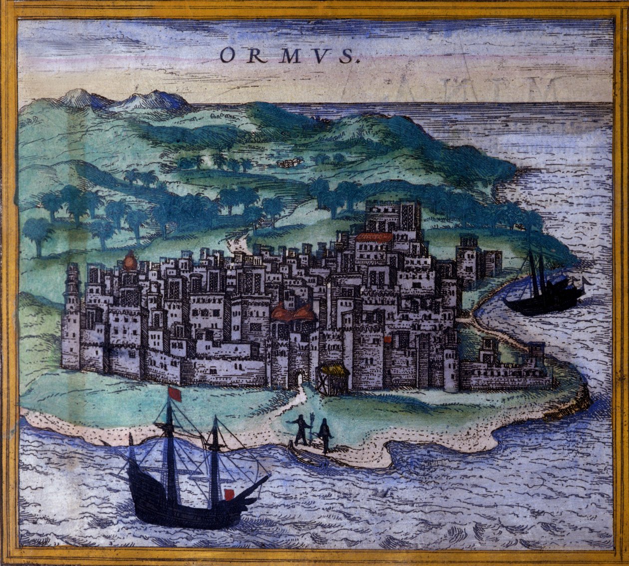 Den iranske øya Ormuz eller Hormuz på ruten til Indes etter Atlas "Civitates Orbis Terrarum" av Braun og Hogenberg av Georg Braun and Hogenberg Franz