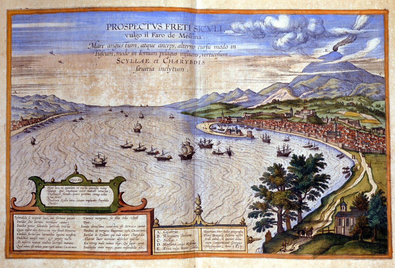 Messinastredet - Calabria er til venstre mens Messina og Etna er til høyre på Sicilia. Atlas de Braun og Hogenberg av Georg Braun and Hogenberg Franz