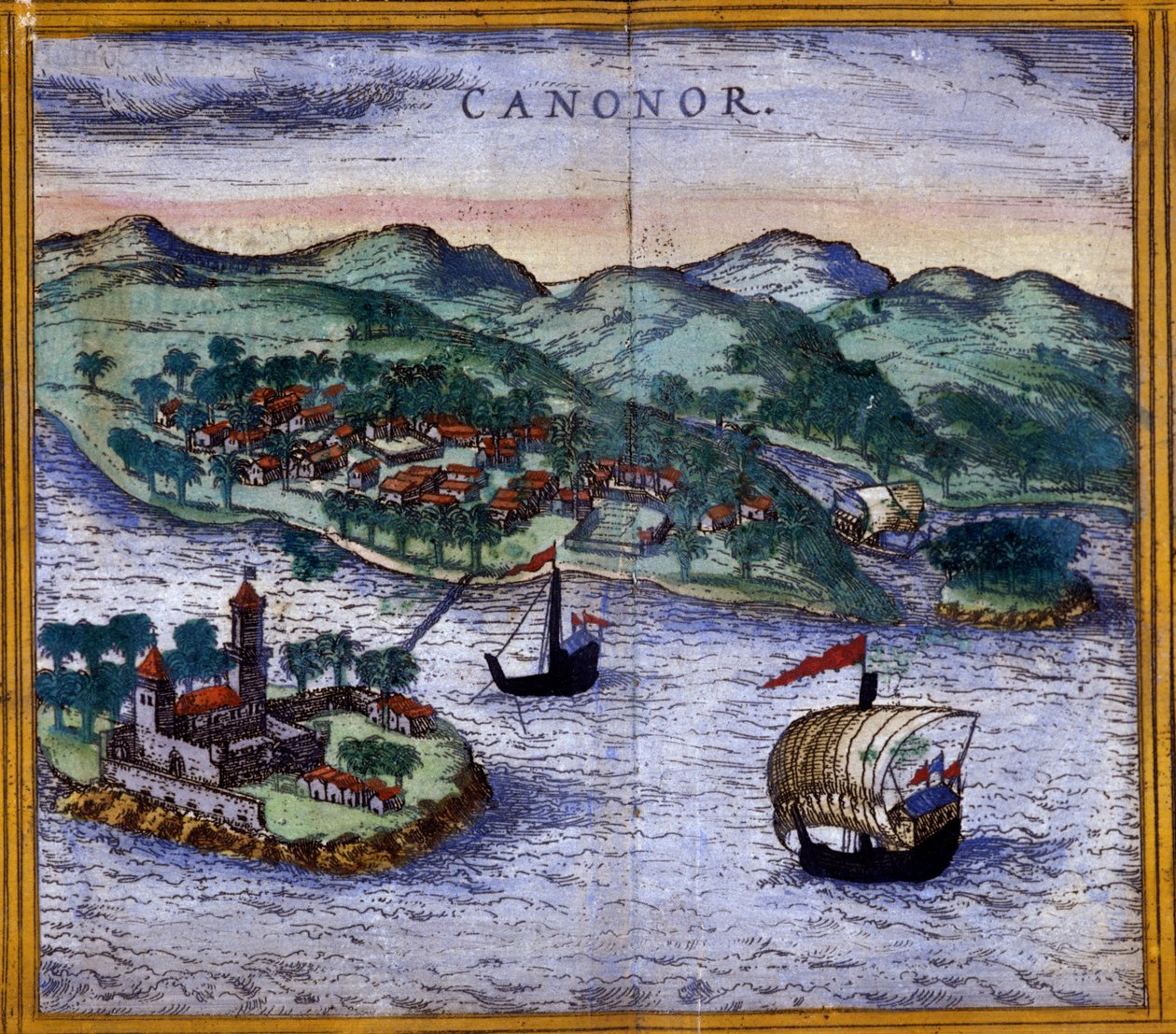 Utsikt over Canonor (eller Cannanore) i India fra en utgave av "Civitates Orbis Terrarum" av Braun og Hogenberg av Georg Braun and Hogenberg Franz
