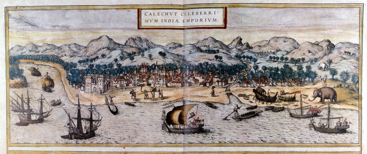 Utsikt over Kozhikode eller Calicut i India fra Atlas "Civitates Orbis Terrarum" av Braun & Hogenberg av Georg Braun and Hogenberg Franz