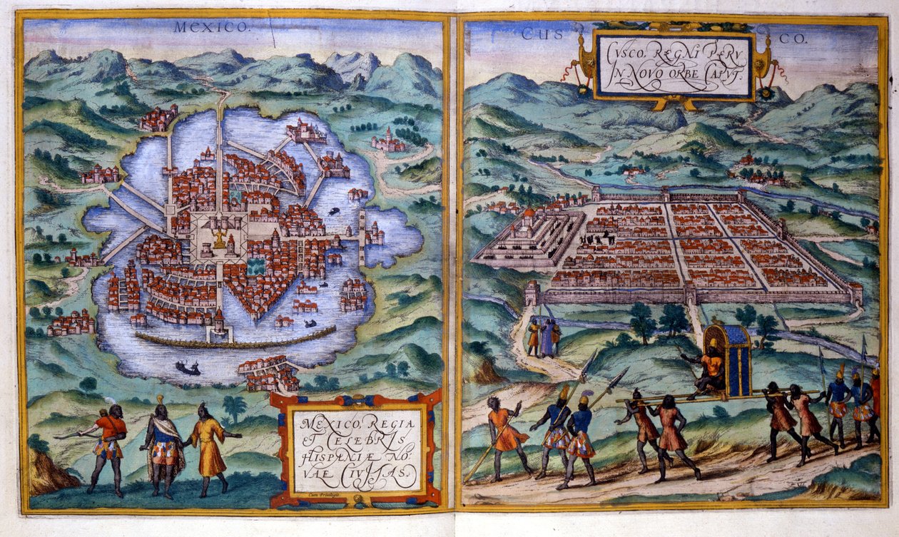 Utsikt over Mexico City (Mexico) og Cuzco (Peru). Atlas Braun og Hogenberg av Georg Braun and Hogenberg Franz