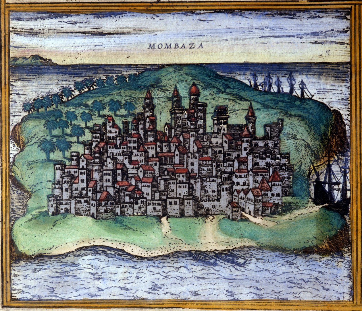 Utsikt over Mombasa eller Mombassa, Kenya i løpet av 1500-tallet, ifølge Atlas "Civitates Orbis Terrarum" av Braun og Hogenberg av Georg Braun and Hogenberg Franz
