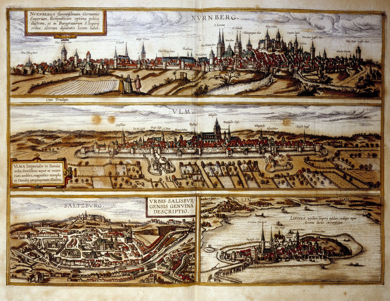 Utsikt over de tyske byene Nürnberg og Ulm, Salzburg, Østerrike. Gravering fra atlaset til "Braun og Hogenberg" 1572 av Georg Braun and Hogenberg Franz