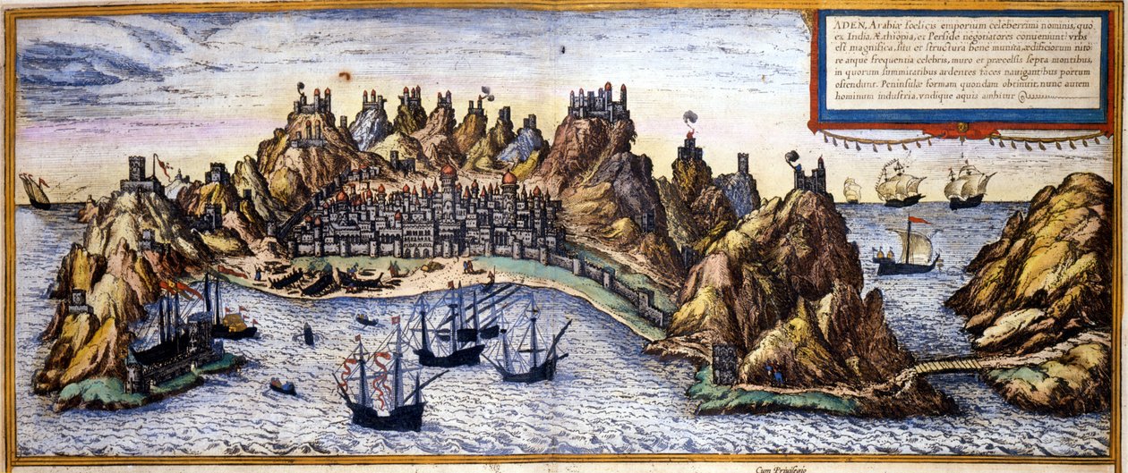 Utsikt over byen Aden i Jemen fra Atlas "Civitates Orbis Terrarum" av Braun & Hogenberg av Georg Braun and Hogenberg Franz