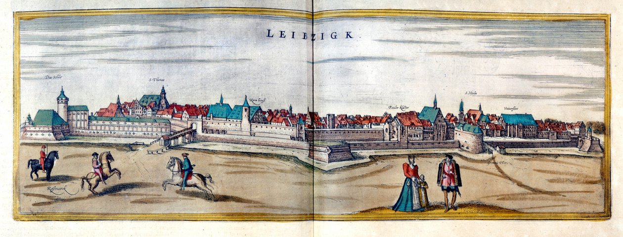 Utsikt over byen Leipzig i Tyskland. Gravering fra atlaset til «Braun og Hogenberg» fra begynnelsen av 1600-tallet av Georg Braun and Hogenberg Franz