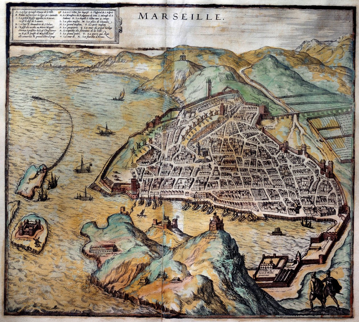 Utsikt over byen Marseille med gatekart. Gravering fra Atlas de Braun og Hogenberg 1572 Marseille, Musee de la Marine av Georg Braun and Hogenberg Franz