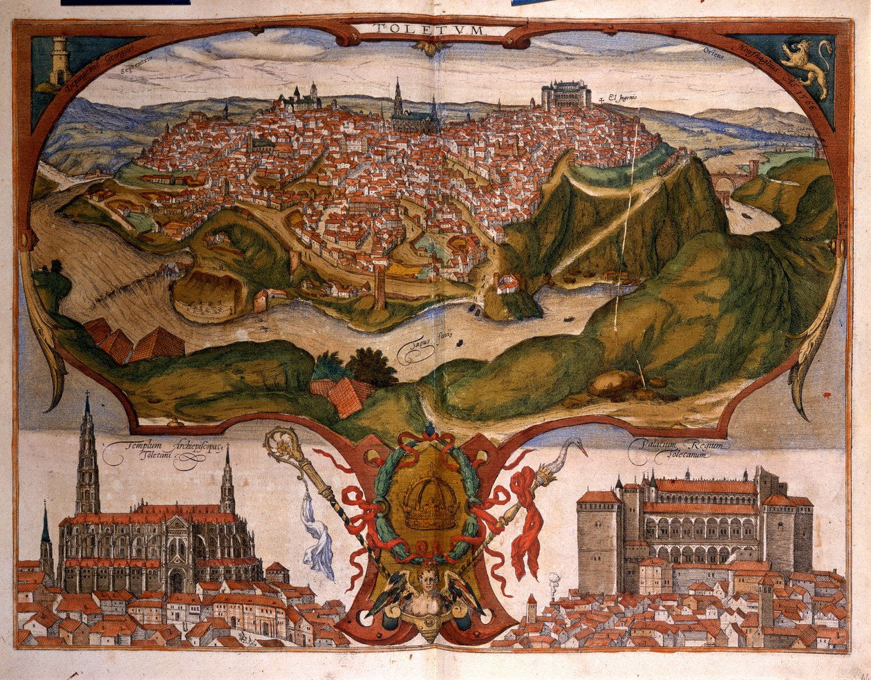 Utsikt over byen Toledo på 1500-tallet. Gravering av George Braun i "" Civitatis Orbis Terrarum"" bind I skrevet av Franz Hogenberg (1535-1590) av Georg Braun and Hogenberg Franz